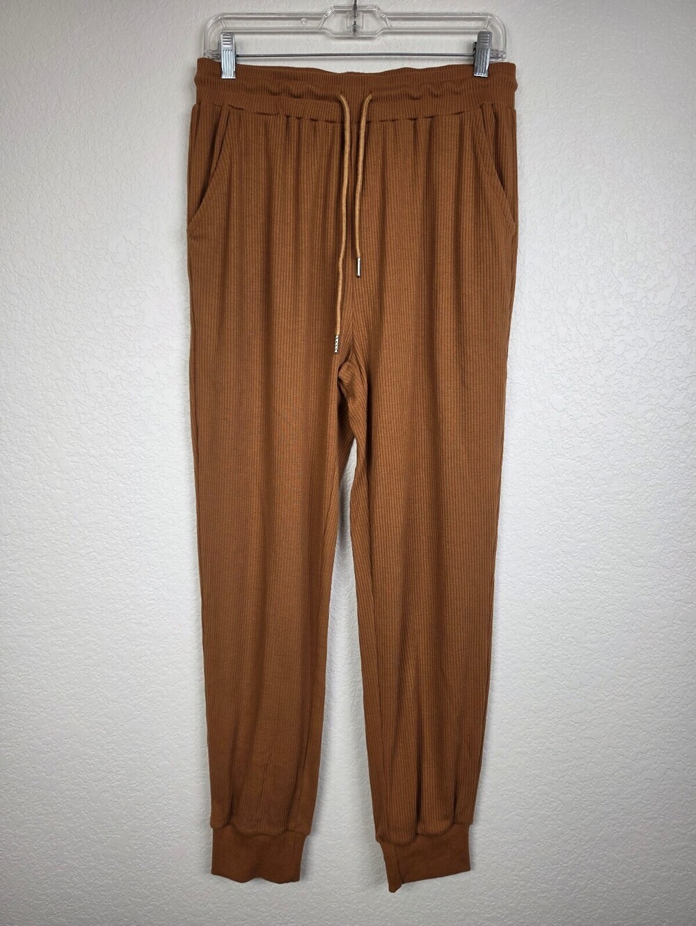 Brown Ribbed Knit Jogger Pants with Drawstring Waist Large